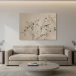 Minimalist hand-painted canvas depicting delicate white roses and trailing botanicals in soft neutral tones, contemporary living space