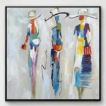 Contemporary gestural hand-painted canvas depicting three stylized figures in vibrant multicolored blocking, black linear details, cream and neutral ground