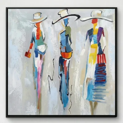 Contemporary gestural hand-painted canvas depicting three stylized figures in vibrant multicolored blocking, black linear details, cream and neutral ground