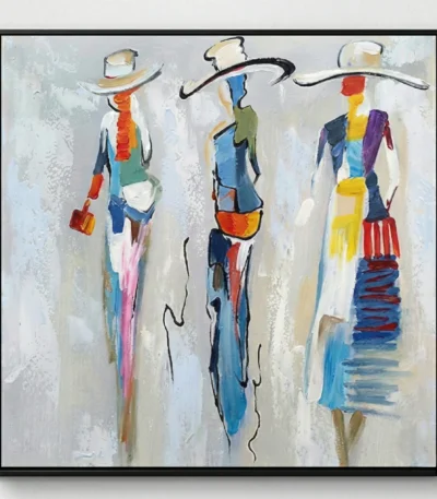 Contemporary gestural hand-painted canvas depicting three stylized figures in vibrant multicolored blocking, black linear details, cream and neutral ground