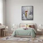 Impressionist hand-painted canvas depicting figure with red umbrella in rainy urban street, muted grays and warm accents, styled bedroom