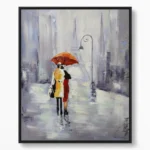 Impressionist hand-painted canvas of two figures with red umbrella walking rain-wet street, muted grays and warm accent colors