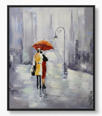 Impressionist hand-painted canvas of two figures with red umbrella walking rain-wet street, muted grays and warm accent colors