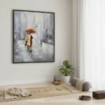 Contemporary figurative hand-painted canvas depicting woman with red umbrella in grey urban street scene, yoga room setting