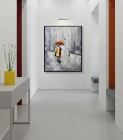 Impressionist hand-painted canvas depicting a figure with red umbrella in rainy urban street, muted blue and grey tones, contemporary gallery space