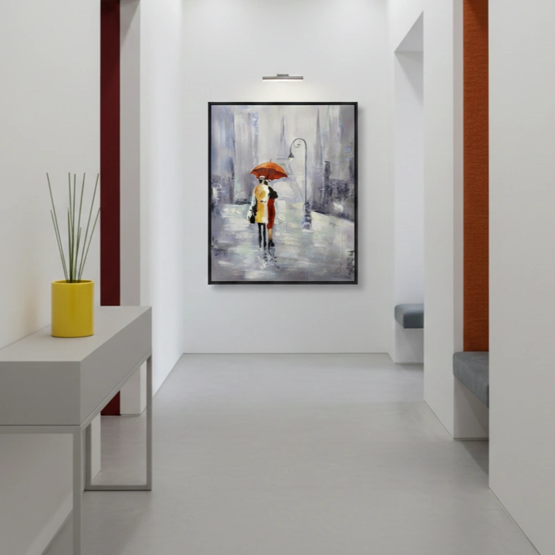 Parisian Rain Walk Textured oil palette style Colorful wall decor (1) Impressionist hand-painted canvas depicting a figure with red umbrella in rainy urban street, muted blue and grey tones, contemporary gallery space