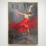 Gestural figurative hand-painted canvas depicting a ballerina in flowing red dress with dynamic brushstrokes, muted grey tones