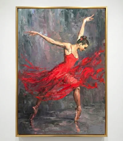 Gestural figurative hand-painted canvas depicting a ballerina in flowing red dress with dynamic brushstrokes, muted grey tones