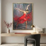 Gestural figurative hand-painted canvas of a ballerina in flowing red fabric, muted grey and burgundy tones, contemporary workspace