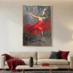 Gestural figurative hand-painted canvas of a ballerina in flowing red dress, muted grey and crimson palette, contemporary living space