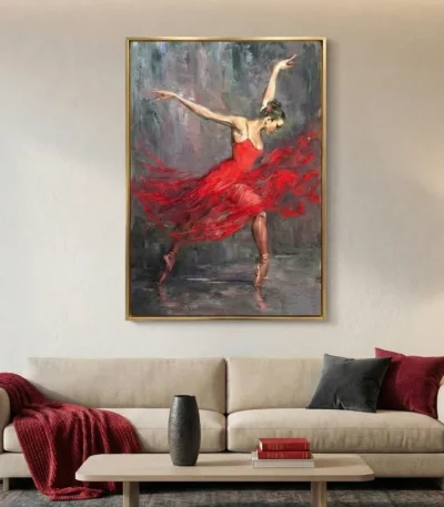 Gestural figurative hand-painted canvas of a ballerina in flowing red dress, muted grey and crimson palette, contemporary living space