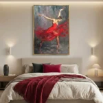 Figurative hand-painted canvas of a ballerina in flowing red dress en pointe, dramatic gestural brushwork and moody tones, contemporary bedroom setting