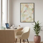 Textured abstract hand-painted canvas in soft pastels and cream tones with gestural brushwork, contemporary office setting