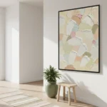 Layered abstract hand-painted canvas in soft pastels with gestural white brushstrokes and muted earth tones, contemporary entryway