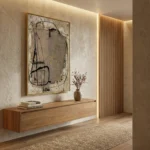 Gestural abstract hand-painted canvas with bold black line work and muted earth tones, contemporary entryway