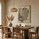 Gestural abstract hand-painted canvas with bold black ink lines and muted earth tones, contemporary dining space