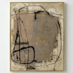Gestural abstract hand-painted canvas with bold black linear forms and layered earth tones, cream and gold palette