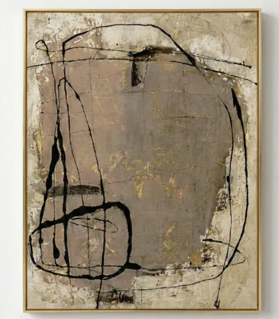 Gestural abstract hand-painted canvas with bold black linear forms and layered earth tones, cream and gold palette