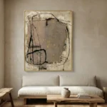 Gestural abstract hand-painted canvas with bold black line work and layered neutral tones, contemporary living space
