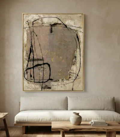 Gestural abstract hand-painted canvas with bold black line work and layered neutral tones, contemporary living space