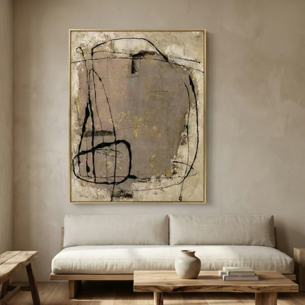 Gestural abstract hand-painted canvas with bold black line work and layered neutral tones, contemporary living space