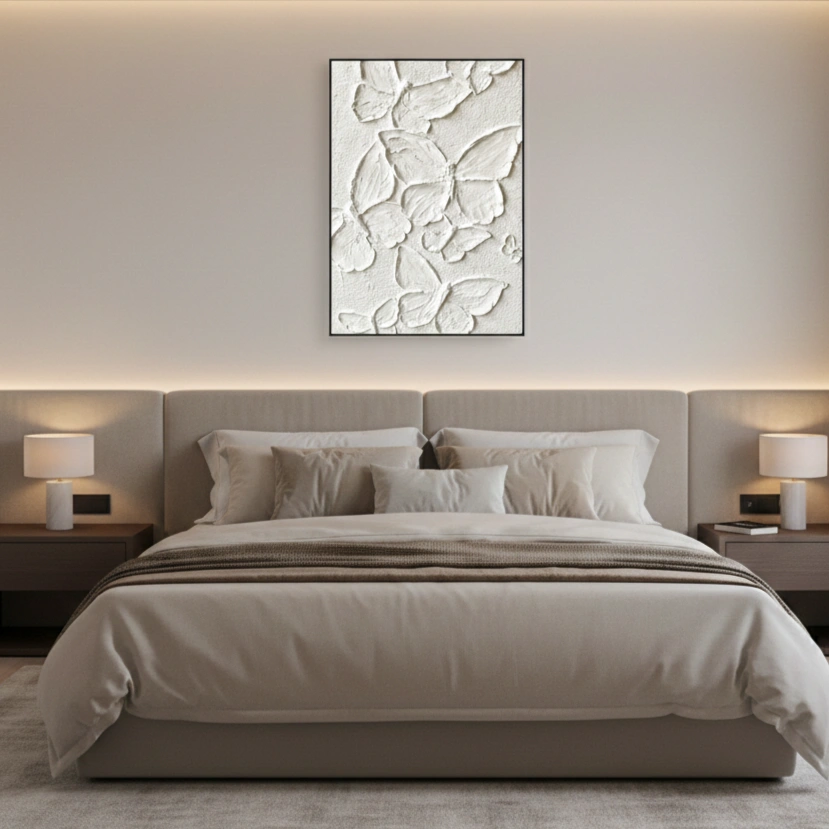 Plaster Flora Aura Layered white organic shapes Minimal wall decor (1.5) Textured abstract hand-painted canvas with layered white botanical relief forms in monochrome, modern bedroom setting