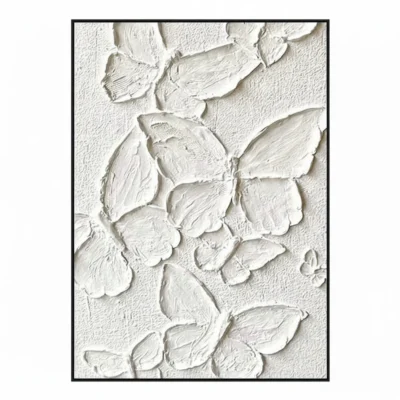 Textured contemporary hand-painted canvas featuring layered cream butterfly forms with expressive brushwork, monochromatic palette