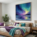 Impressionist hand-painted canvas depicting aurora borealis over frozen landscape in jewel-tone purples, teals and yellows, modern bedroom