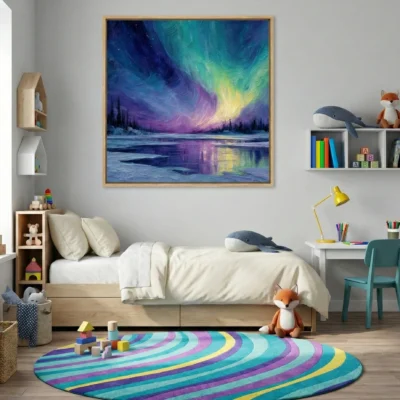 Expressionist hand-painted canvas depicting aurora borealis over frozen landscape in vibrant jewel tones, child's bedroom
