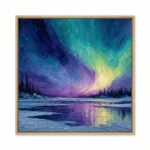 Textured landscape painting depicting aurora borealis over frozen lake with evergreen forest, vibrant teals purples and yellows, contemporary living space