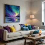 Expressionist landscape painting depicting vibrant aurora borealis over frozen lake and pine forest in deep blues, purples and luminous yellows, contemporary living space