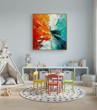Gestural abstract hand-painted canvas in vibrant red, orange, turquoise and cream with dynamic brushstrokes, children's playroom setting