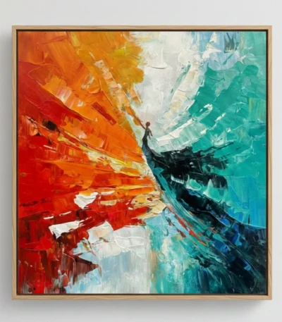 Gestural abstract expressionist hand-painted canvas in bold red, orange, and teal brushstrokes with dynamic layered texture