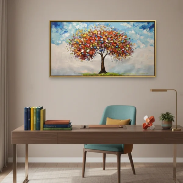 Impressionist hand-painted canvas depicting a vibrant autumn tree with multicolored foliage against soft cloudy sky, warm and cool tones, contemporary workspace