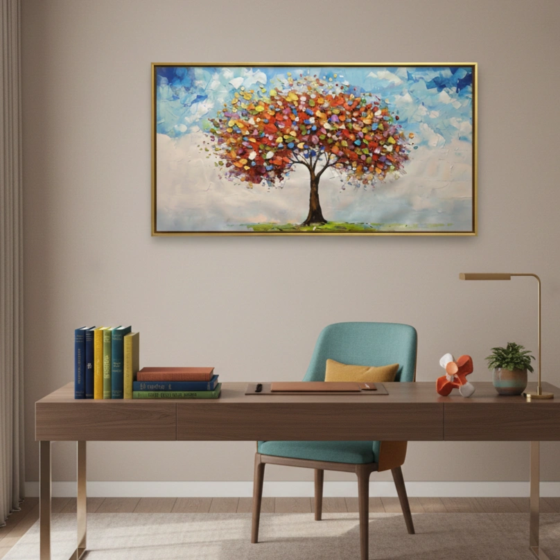 Prismatic Canopy Vibrant Tree Oil Painting color art wall decor (1.5) Impressionist hand-painted canvas depicting a vibrant autumn tree with multicolored foliage against soft cloudy sky, warm and cool tones, contemporary workspace