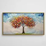Contemporary hand-painted canvas of vibrant tree with multicolored foliage against soft blue sky and neutral landscape