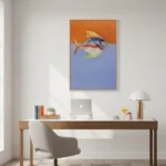 Figurative hand-painted canvas depicting a colorful fish with blue and red tones against divided orange and blue background, modern workspace
