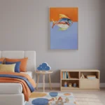 Contemporary figurative hand-painted canvas depicting a colorful striped fish against divided orange and blue background, children's bedroom