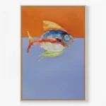 Expressionist hand-painted canvas depicting a colorful fish with vibrant yellow, red, and blue tones against a divided orange and blue background