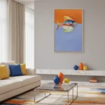 Contemporary figurative hand-painted canvas depicting a colorful fish in orange and blue tones, modern living space