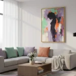 Abstract expressionist hand-painted canvas with bold gestural silhouette in purple, green, orange and cream tones, contemporary living space