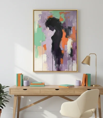 Gestural abstract expressionist hand-painted canvas with bold black silhouette and vibrant purple, green, orange palette, modern workspace