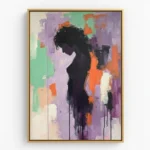 Gestural abstract hand-painted canvas featuring a silhouetted female profile in black against vibrant purple, mint green, and orange expressionist brushstrokes