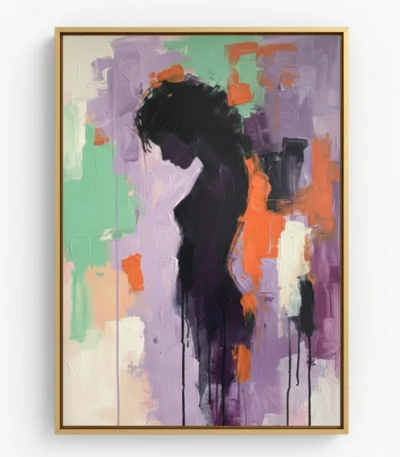 Gestural abstract hand-painted canvas featuring a silhouetted female profile in black against vibrant purple, mint green, and orange expressionist brushstrokes