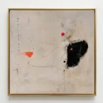 Minimalist hand-painted canvas with gestural line drawing, red and orange accents, and expressive black form on cream linen ground