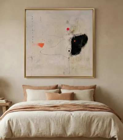 Minimalist abstract hand-painted canvas with gestural line work, bold black form, and red accent dots on cream ground, modern bedroom