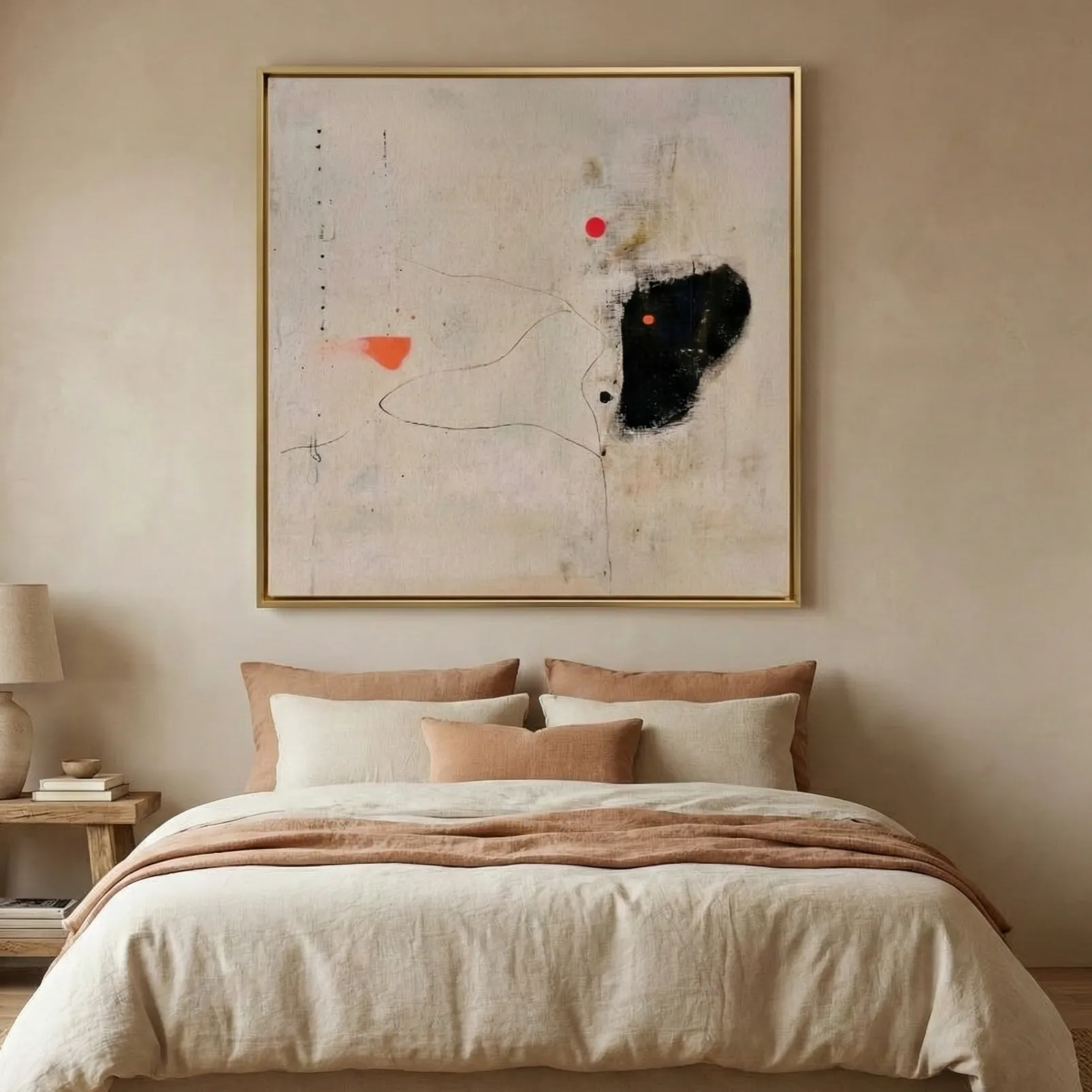 Quiet Lines Composition – Minimalist Mixed Media – Wabi Sabi Art (4) Minimalist abstract hand-painted canvas with gestural line work, bold black form, and red accent dots on cream ground, modern bedroom