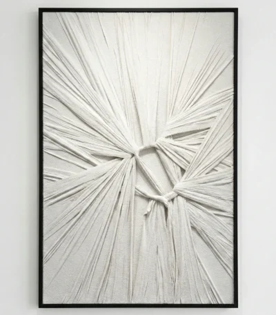 Textured abstract hand-painted canvas with radiating cream and ivory linear brushstrokes converging at center point, contemporary minimalist wall art