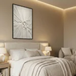 Gestural abstract hand-painted canvas with radiating monochromatic lines in charcoal and cream, contemporary bedroom setting