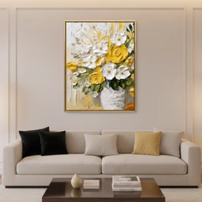 Contemporary hand-painted canvas of white daisies and yellow roses in textured white vase, warm neutral palette, modern living space
